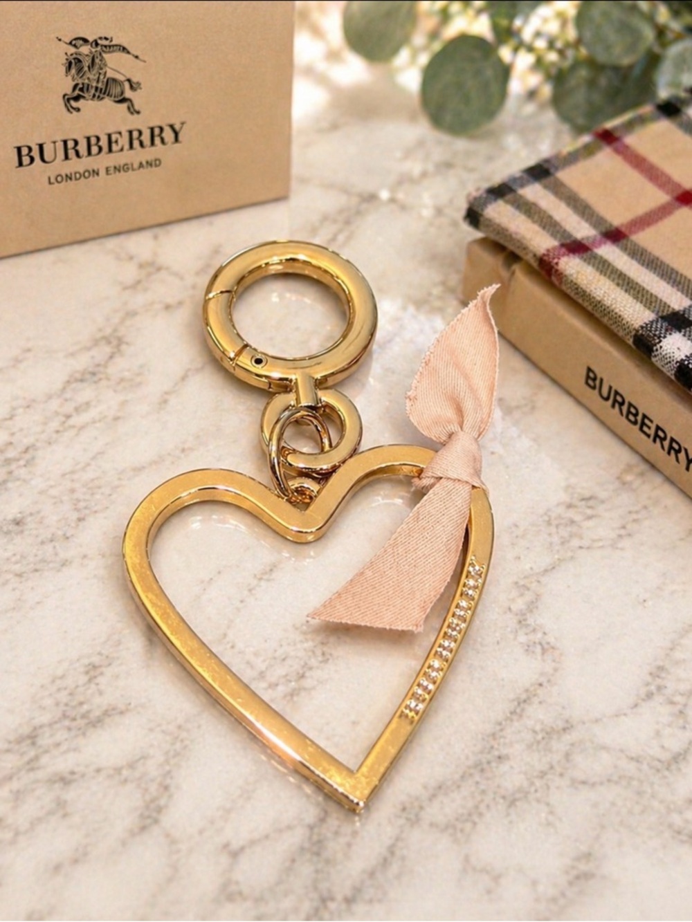 Burberry Goldtone Heart Key Holder with Blush Ribbon